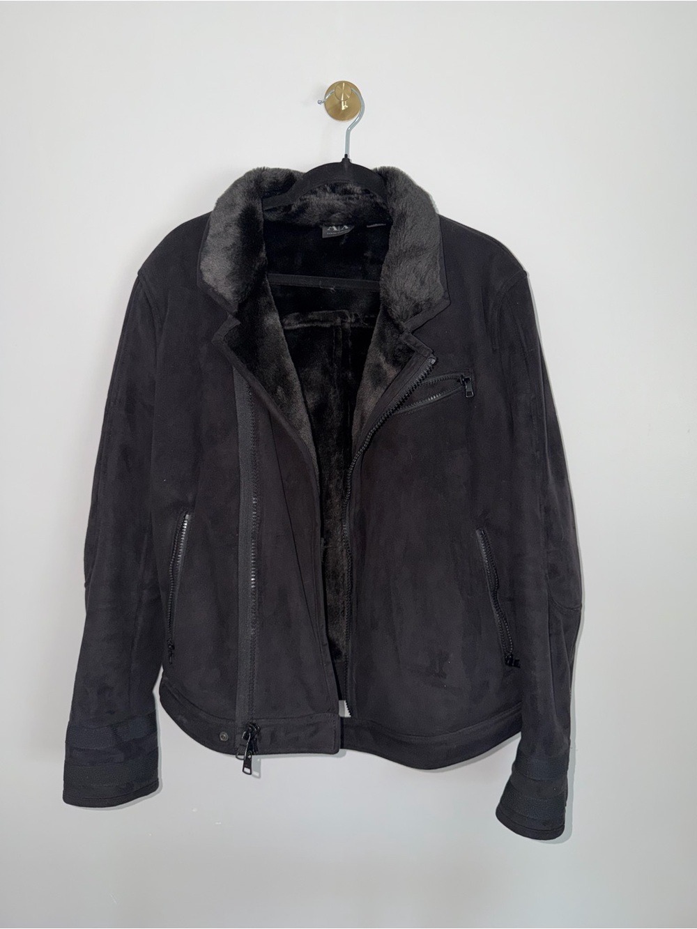Armani Exchange Black Suede Jacket Faux Fur Lined Full Zip Pockets Men’s M